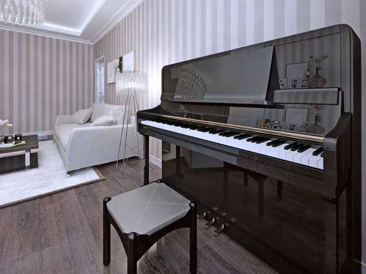 black upright piano in white high luxury home