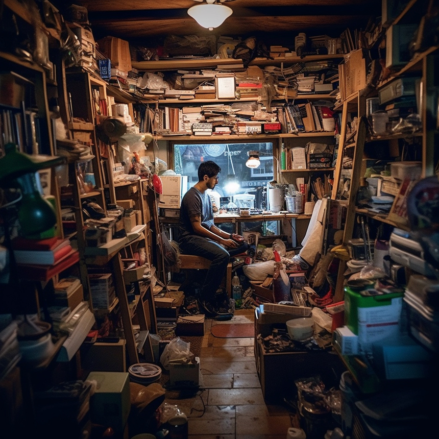 very cluttered room with man sitting in it